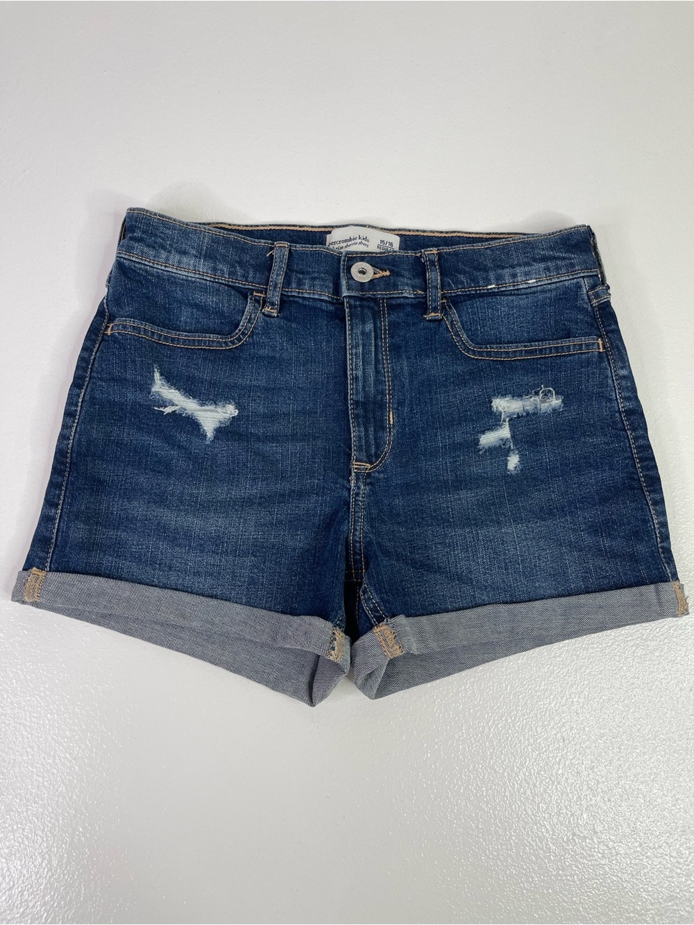 Abercrombie Kids High Rise Shortie Short Size 15/16 Dark Wash Distressed Cuffed